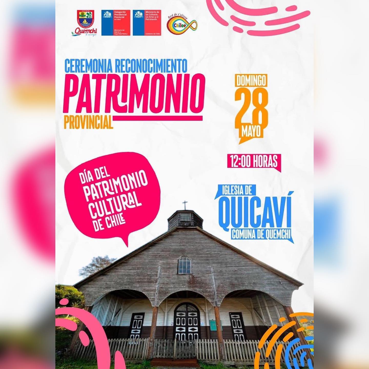 📣Recuerden la gran invitación para que nos acompañen en la Ceremonia Provincial del Día de los Patrimonios.

Domingo 28 de mayo a las 12:00 horas, en la #Iglesia de #Quicaví, comuna de #Quemchi.
@dppchiloe Red de Cultura #Chiloé #QuemchiTuMunicipio #diadelpatrimonio